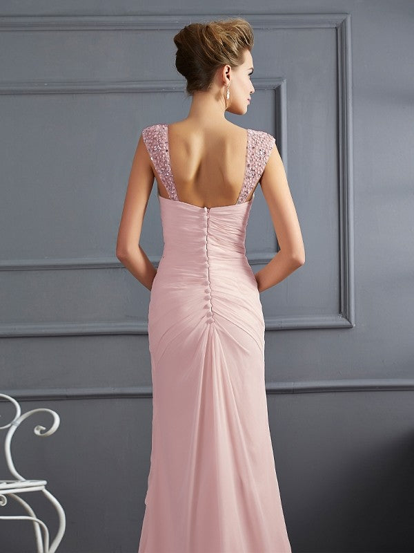 Sheath/Column Straps Sleeveless Beading Long Chiffon Dresses