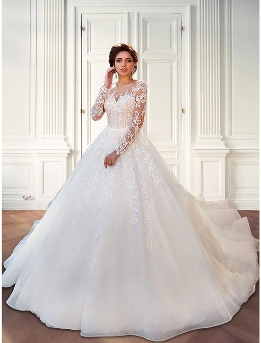 Engagement Formal Fall Wedding Dresses Ball Gown Illusion Neck Long Sleeve Court Train Lace Bridal Gowns With Lace Appliques Summer Wedding Party  Women‘s Clothing