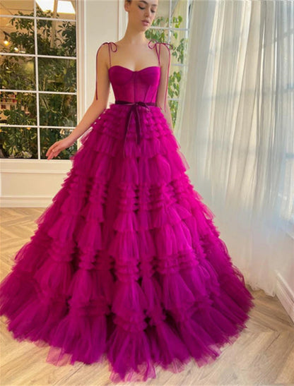 Ball Gown Evening Gown Puffy Dress Wedding Party Birthday Floor Length Sleeveless Spaghetti Strap Tulle with Ruffles Strappy