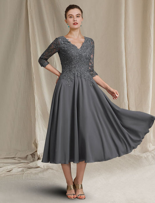 A-Line Mother of the Bride Dress Plus Size Elegant V Neck Tea Length Chiffon Lace 3/4 Length Sleeve with Pleats Beading Appliques