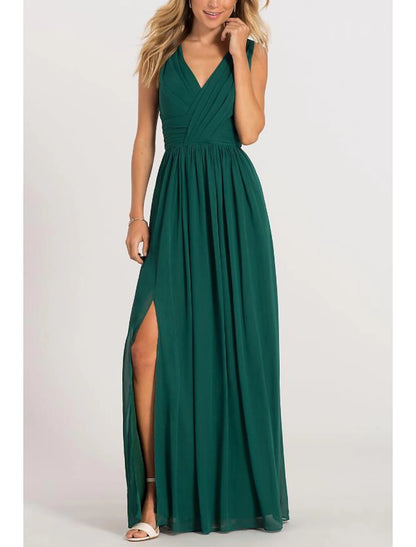 A-Line Elegant Formal Evening Dress V Neck V Back Sleeveless Floor Length Chiffon with Pleats Split Front