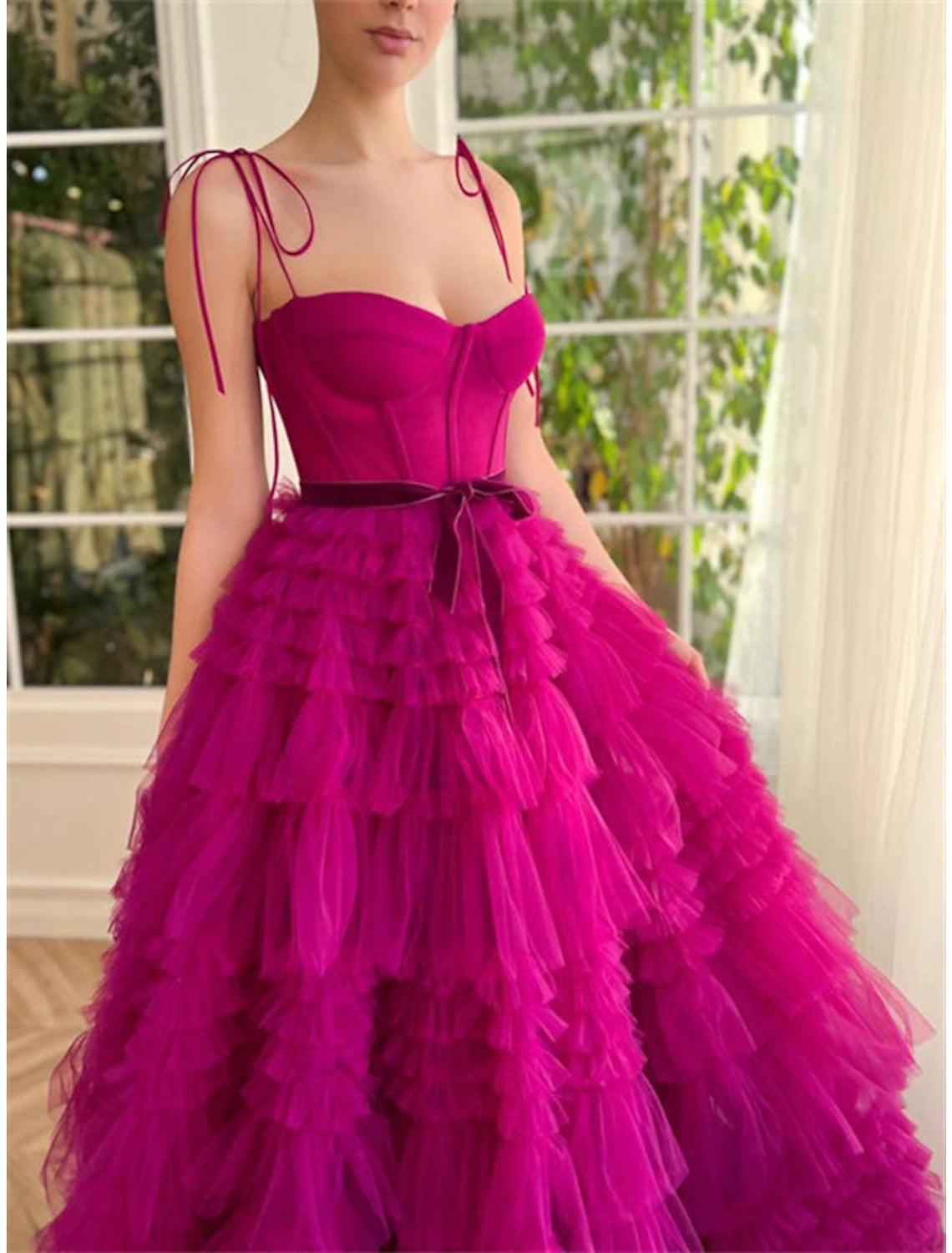 Ball Gown Evening Gown Puffy Dress Wedding Party Birthday Floor Length Sleeveless Spaghetti Strap Tulle with Ruffles Strappy