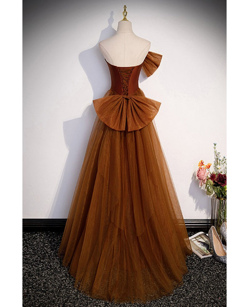 Noble and Unique Chocolate Sleeveless Prom Dress Chocolate Mermaid Strapless Tulle Butterfly Knot Dew Back Strap Long and Floor Evening Dress