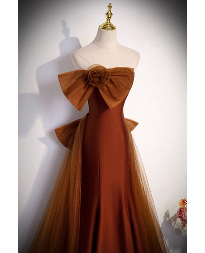 Noble and Unique Chocolate Sleeveless Prom Dress Chocolate Mermaid Strapless Tulle Butterfly Knot Dew Back Strap Long and Floor Evening Dress