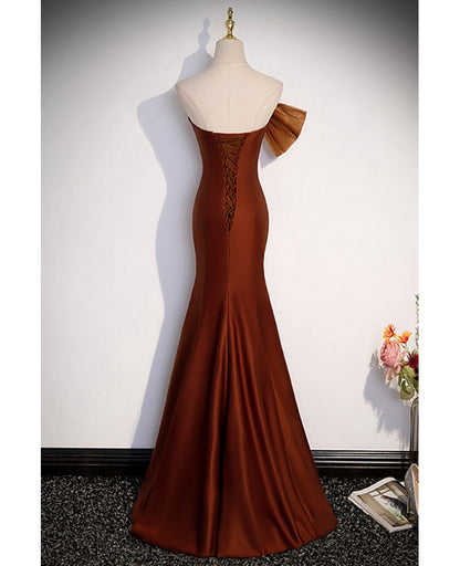 Noble and Unique Chocolate Sleeveless Prom Dress Chocolate Mermaid Strapless Tulle Butterfly Knot Dew Back Strap Long and Floor Evening Dress