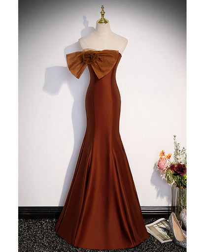 Noble and Unique Chocolate Sleeveless Prom Dress Chocolate Mermaid Strapless Tulle Butterfly Knot Dew Back Strap Long and Floor Evening Dress