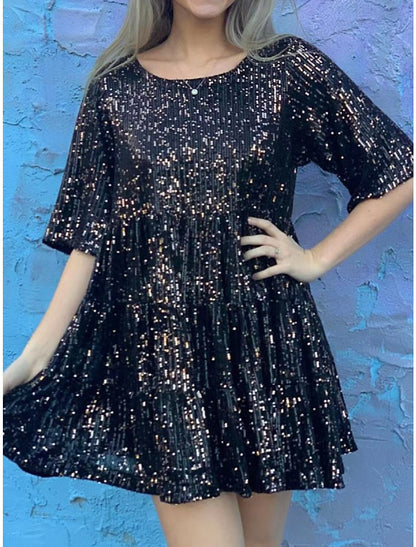 Women's Silver Sequin Dress Party Dress Sparkly Dress Homecoming Dress Mini Dress Black Purple Half Sleeve Summer Spring Fall Crew Neck Summer Dress Loose Fit