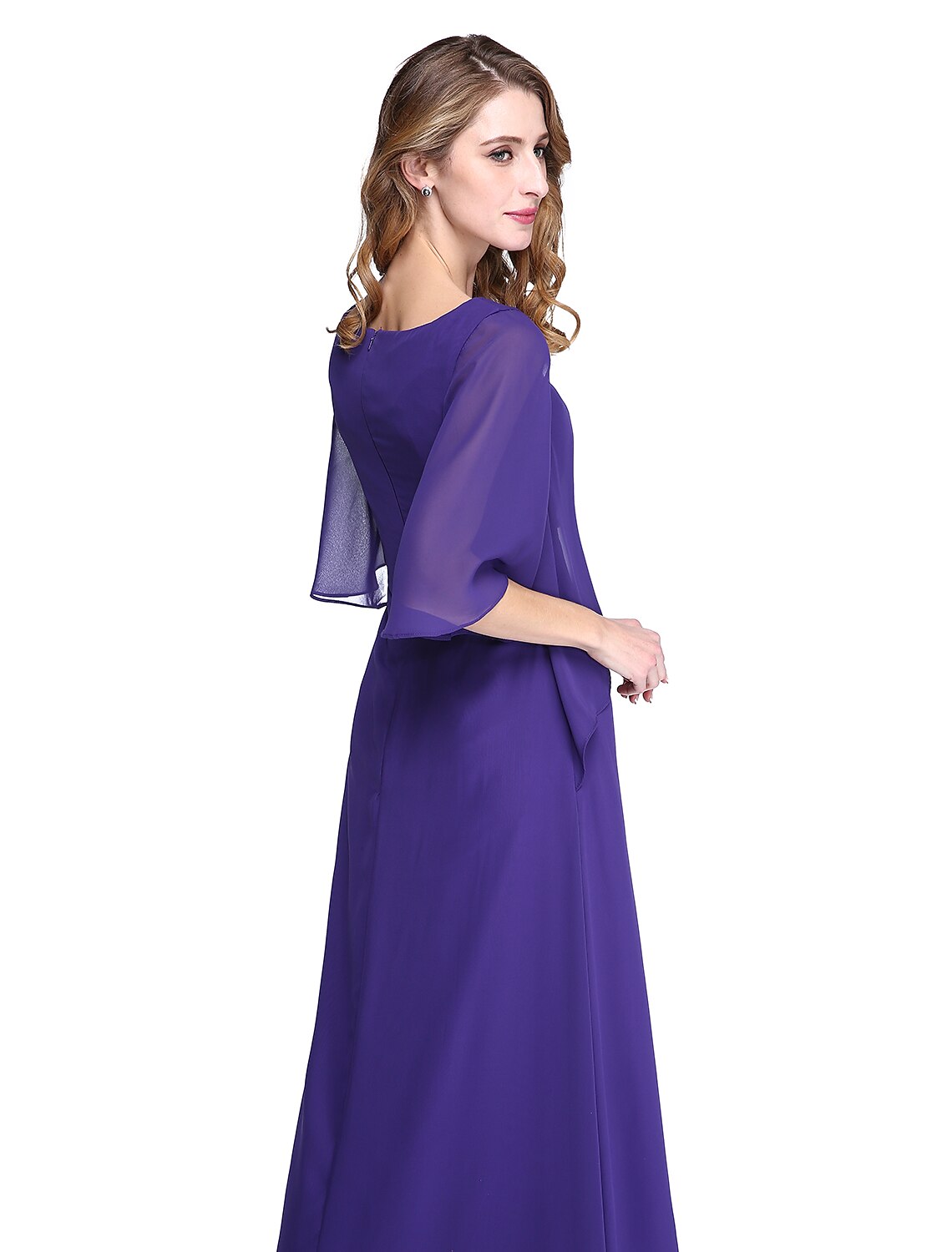 Sheath / Column Mother of the Bride Dress Elegant Open Back Jewel Neck Floor Length Chiffon Half Sleeve with Pleats Beading Ruffle