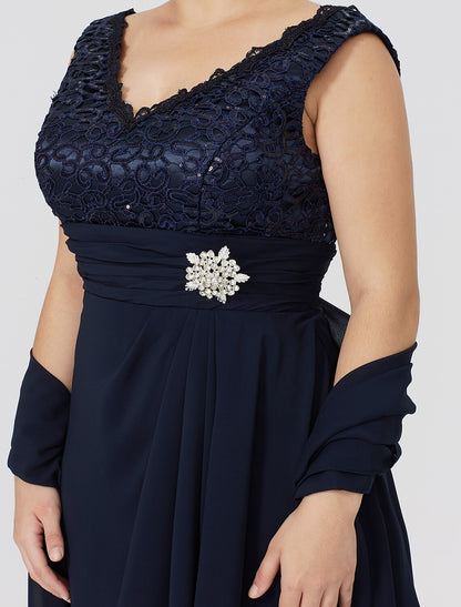 A-Line Mother of the Bride Dress Classic & Timeless Plus Size Wrap Included V Neck Knee Length Chiffon Lace Sleeveless yes with Ruched Crystal Brooch