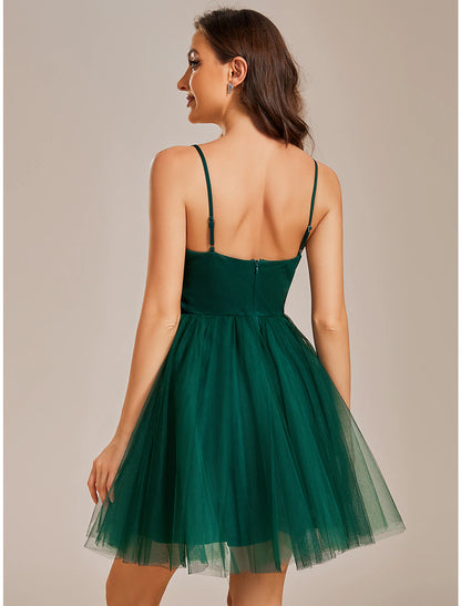 A-Line Homecoming Dresses Princess Dress Cocktail Party Birthday Short / Mini Sleeveless Spaghetti Strap Tulle with Ruched