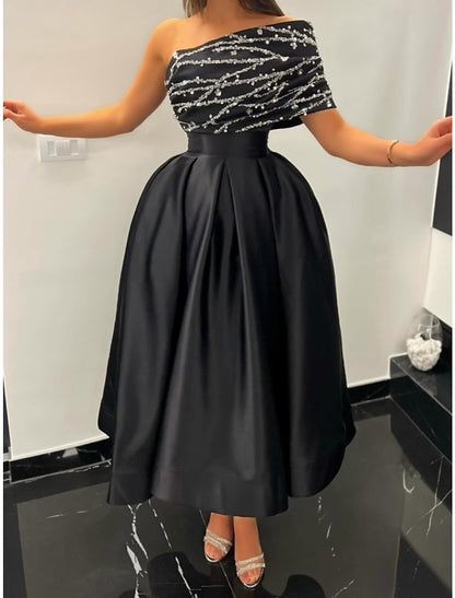 A-Line Evening Gown Elegant Dress Formal Ankle Length Black Dress Short Sleeve One Shoulder Satin with Pleats Sequin 2024