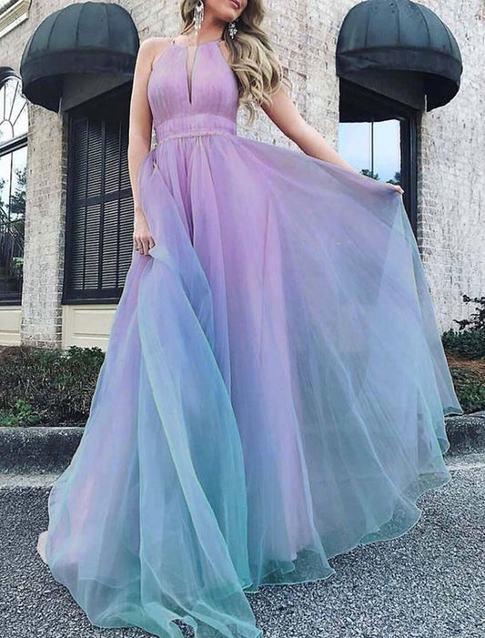 A-Line Ombre Fairy Prom Valentine's Day Dress Jewel Neck Sleeveless Floor Length Chiffon with Sleek Pleats