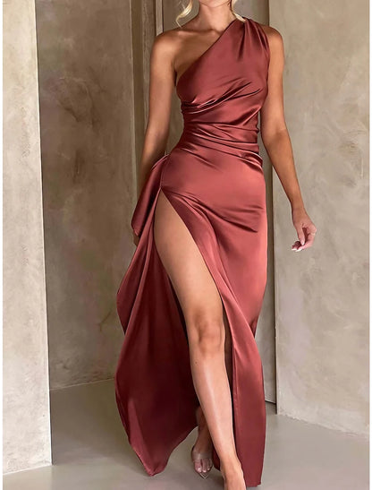 A-Line Party Dresses Elegant Dress Formal Floor Length Sleeveless One Shoulder Satin with Ruched Slit