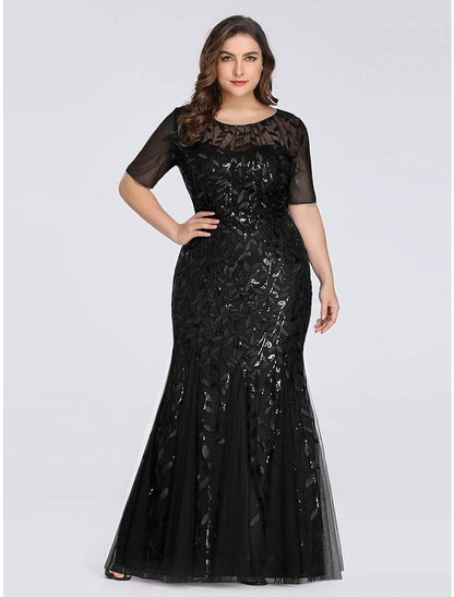 Mermaid / Trumpet Empire Elegant Party Wear Formal Evening Dress Jewel Neck Short Sleeve Floor Length Tulle with Embroidery / Illusion Sleeve