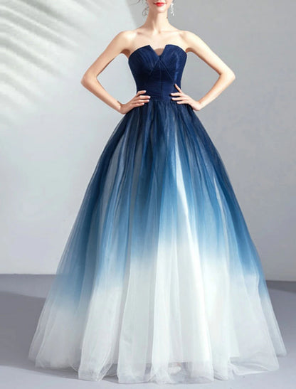 Ball Gown Color Block Prom Formal Evening Dress Strapless Sleeveless Floor Length Tulle with Pleats Ruched 2024