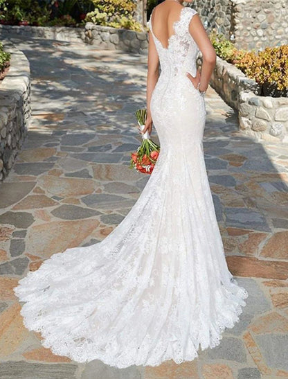 Sexy Formal Wedding Dresses Mermaid / Trumpet V Neck Cap Sleeve Court Train Lace Bridal Gowns With Appliques