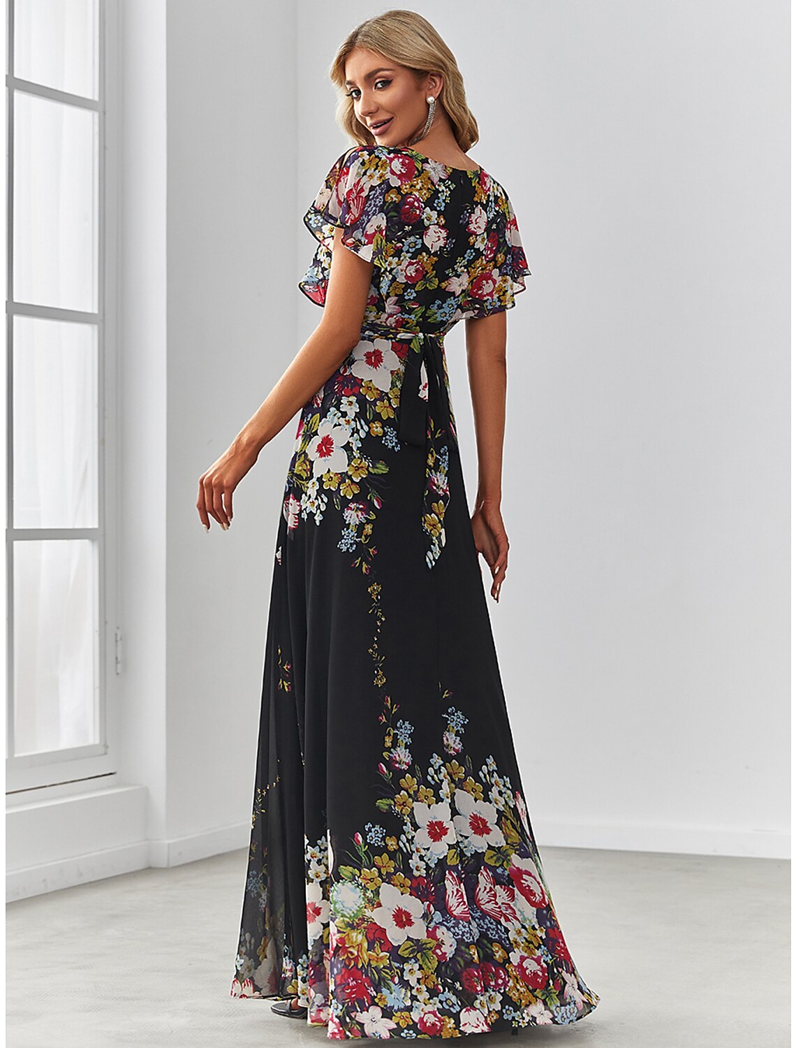 A-Line Evening Gown Floral Dress Birthday Floor Length Short Sleeve V Neck Chiffon with Pattern / Print