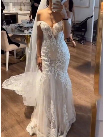 Formal Wedding Dresses Mermaid / Trumpet Off Shoulder Sleeveless Court Train Lace Bridal Gowns With Pleats