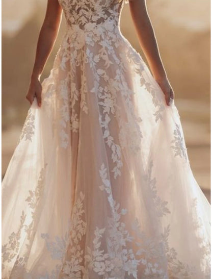 Beach Formal Wedding Dresses A-Line Square Neck Sleeveless Sweep / Brush Train Lace Bridal Gowns With Pleats Solid Color