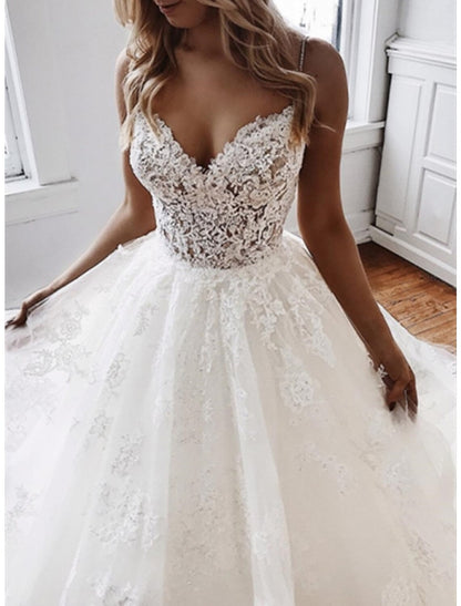 Engagement Formal Wedding Dresses Ball Gown Sweetheart Camisole Spaghetti Strap Chapel Train Lace Bridal Gowns With Appliques