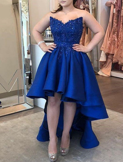 A-Line Homecoming Dresses High Low Dress Holiday Graduation Asymmetrical Sleeveless Strapless Satin with Pleats Appliques