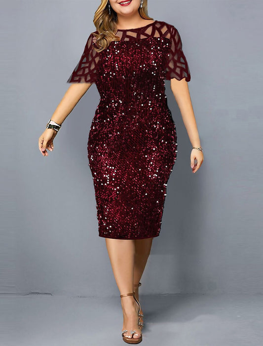 Sheath Formal Dress Red Green Dresses Plus Size Dress Wedding Wedding Guest Knee Length Short Sleeve Jewel Neck Sequined with Sequin