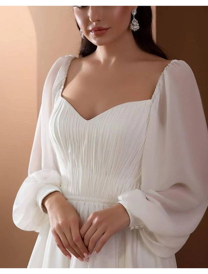 Beach Vintage Wedding Dresses A-Line Off Shoulder Long Sleeve Court Train Chiffon Bridal Gowns With Pleats Beading