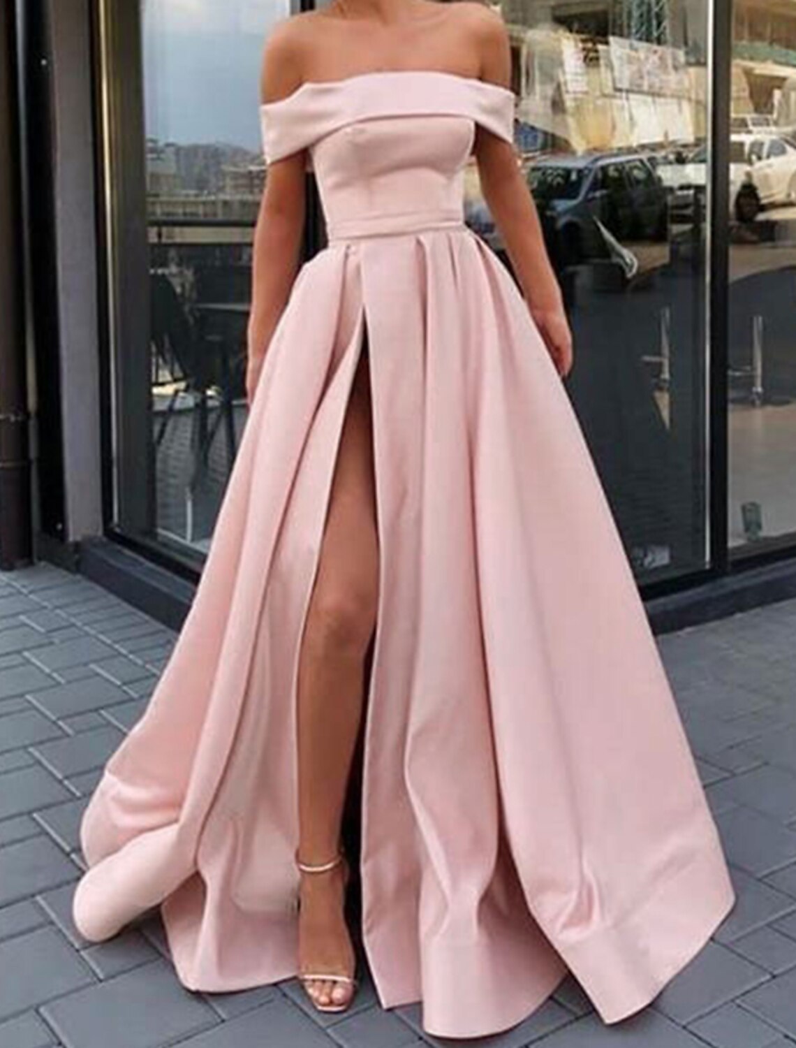 A-Line Prom Dresses Minimalist Dress Wedding Guest Engagement Floor Length Sleeveless Off Shoulder Satin with Slit