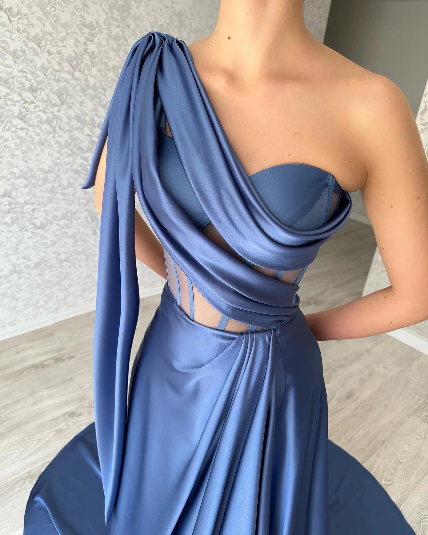 Blue A-line one shoulder sleeveless long evening dress