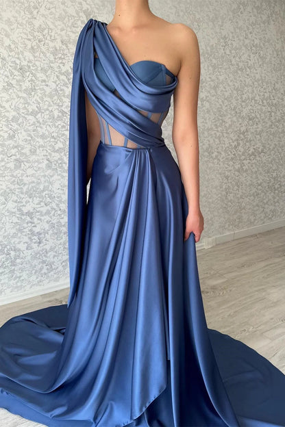 Blue A-line one shoulder sleeveless long evening dress