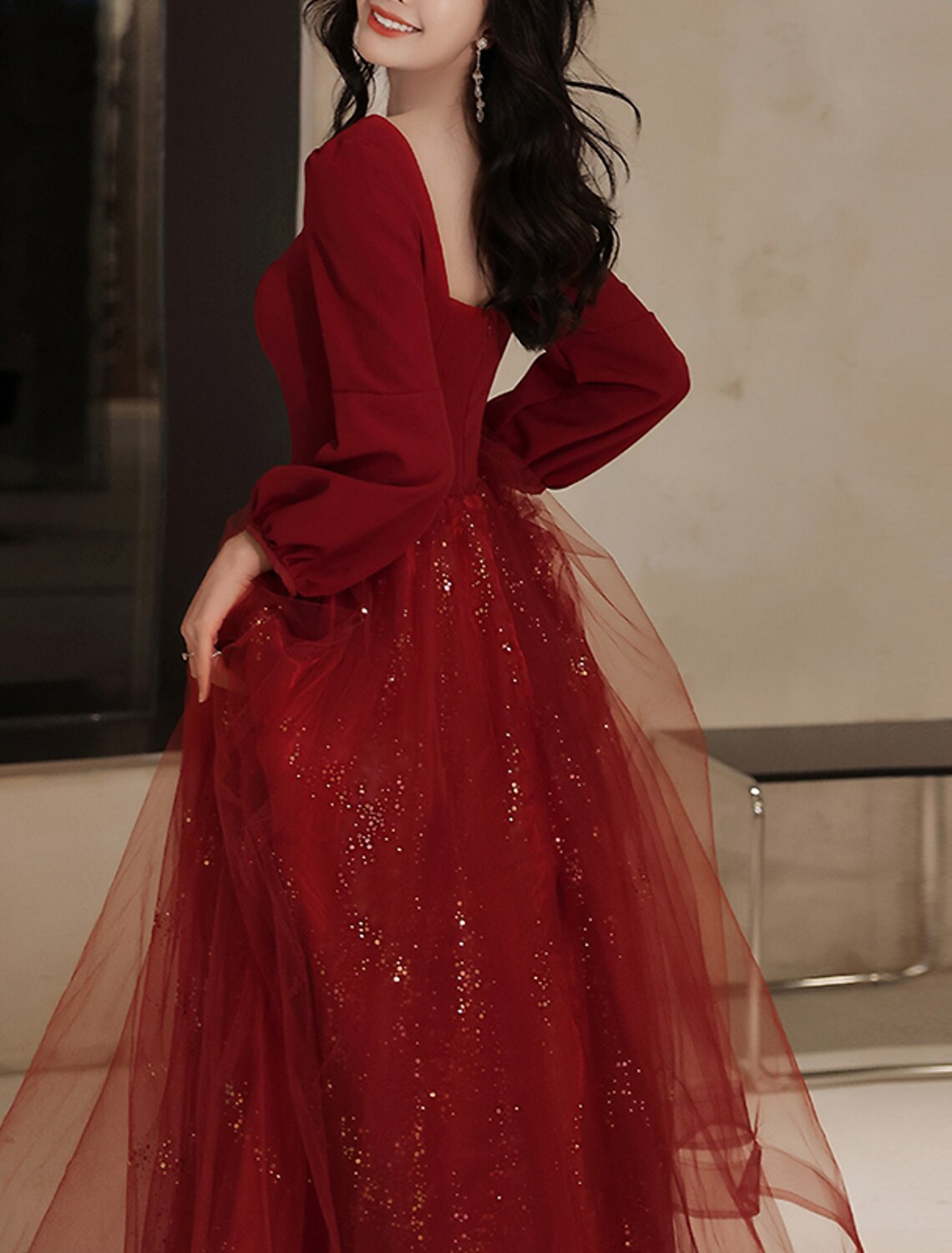 A-Line Evening Gown Elegant Dress Engagement Formal Evening Floor Length Long Sleeve Scoop Neck Tulle with Sequin