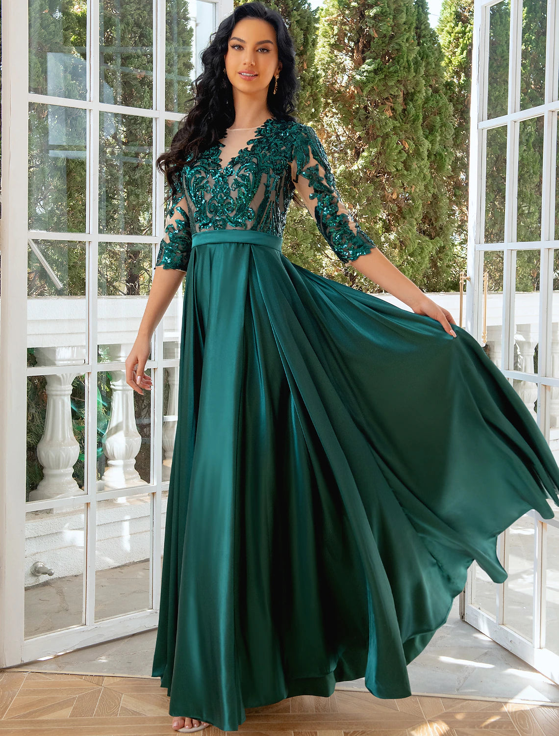 A-Line Evening Gown Elegant Dress Wedding Party Floor Length Half Sleeve Illusion Neck Satin with Pleats Sequin Slit