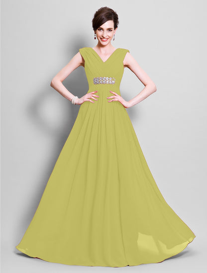 A-Line Mother of the Bride Dress Open Back V Neck Floor Length Chiffon Sleeveless with Beading Side Draping