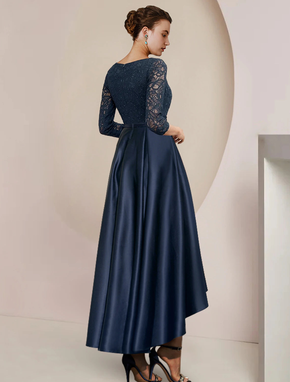 A-Line Mother of the Bride Dress Formal Wedding Guest Elegant High Low Scoop Neck Asymmetrical Tea Length Satin Lace 3/4 Length Sleeve with Pleats Beading