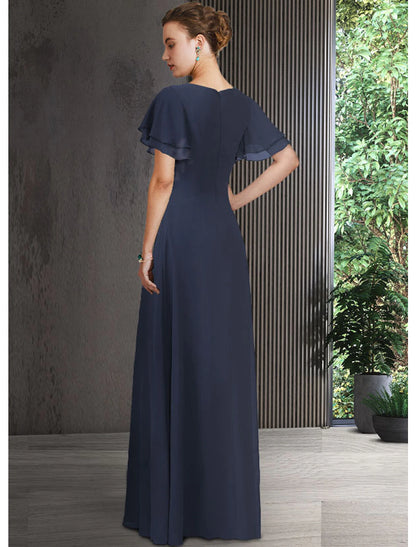 Sheath / Column Mother of the Bride Dress Elegant V Neck Floor Length Chiffon Short Sleeve with Appliques Ruching