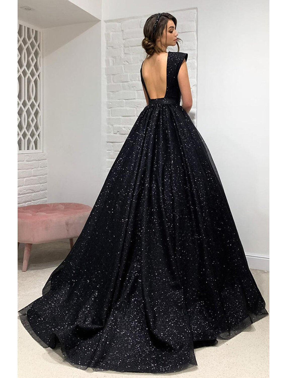 Ball Gown A-Line Prom Dresses Sparkle & Shine Dress Formal Prom Sweep / Brush Train Sleeveless V Neck Wednesday Addams Family Tulle Backless with Pleats