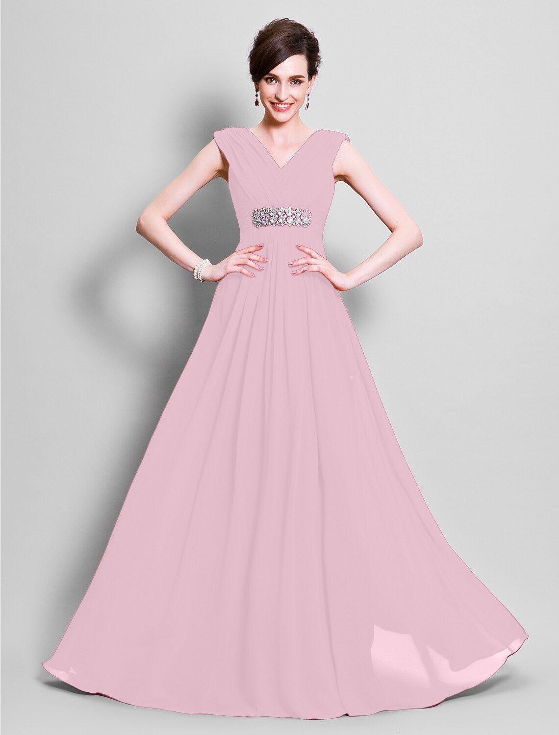 A-Line Mother of the Bride Dress Open Back V Neck Floor Length Chiffon Sleeveless with Beading Side Draping