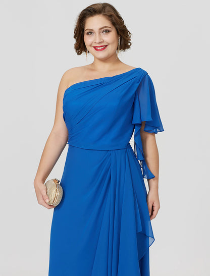 Sheath / Column Mother of the Bride Dress Formal Classic & Timeless Elegant & Luxurious Plus Size One Shoulder Floor Length Chiffon Short Sleeve No with Pleats