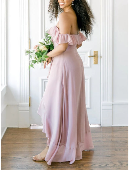 A-Line Bridesmaid Dress Off Shoulder Short Sleeve Elegant Asymmetrical Chiffon with Ruffles / Split Front / Ruching