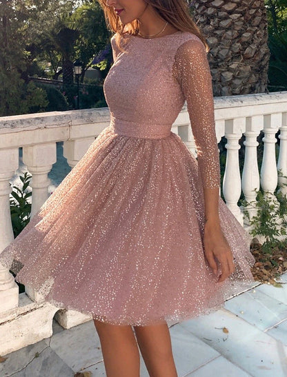 A-Line Glittering Cute Homecoming Cocktail Party Dress Dress Jewel Neck 3/4 Length Sleeve Knee Length Tulle with Pleats Sequin 2024