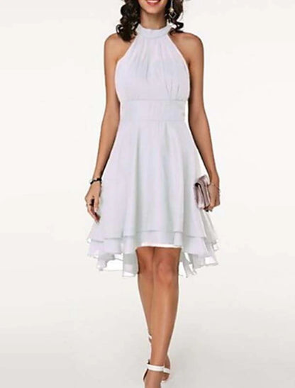 A-Line Party Dresses Casual Dress Wedding Guest Summer Knee Length Sleeveless Halter Neck Chiffon V Back with Ruffles