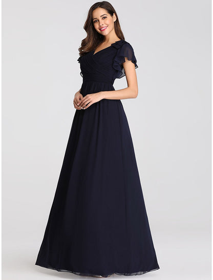 A-Line Mother of the Bride Dress Plus Size V Neck Floor Length Chiffon Short Sleeve with Ruffles Ruching