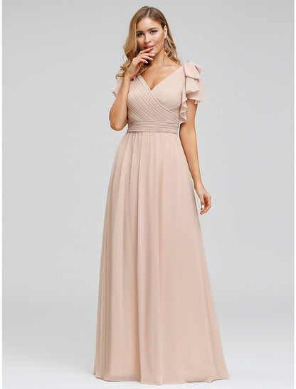 A-Line Mother of the Bride Dress Plus Size V Neck Floor Length Chiffon Short Sleeve with Ruffles Ruching