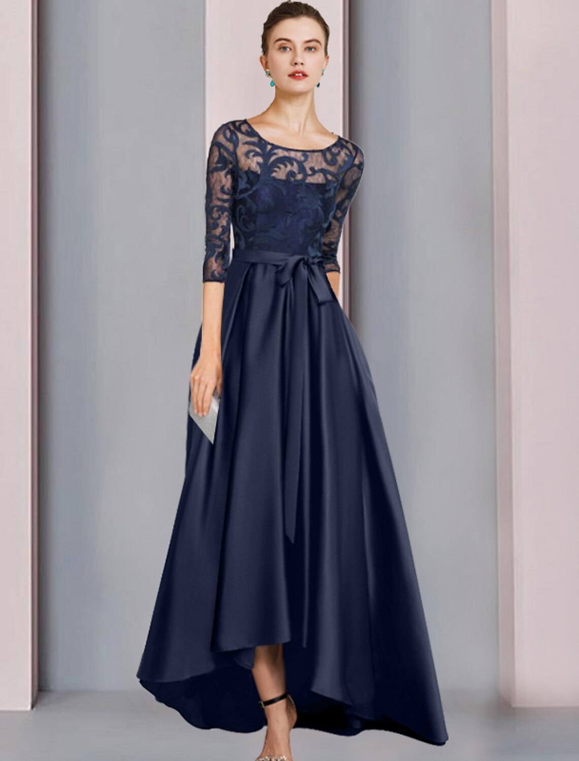 A-Line Mother of the Bride Dress Wedding Guest Elegant High Low Scoop Neck Asymmetrical Floor Length Satin Lace Half Sleeve with Bow(s) Pleats Appliques