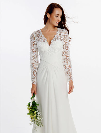 Beach Boho Wedding Dresses Sheath / Column V Neck Long Sleeve Sweep / Brush Train Chiffon Bridal Gowns With Lace Buttons