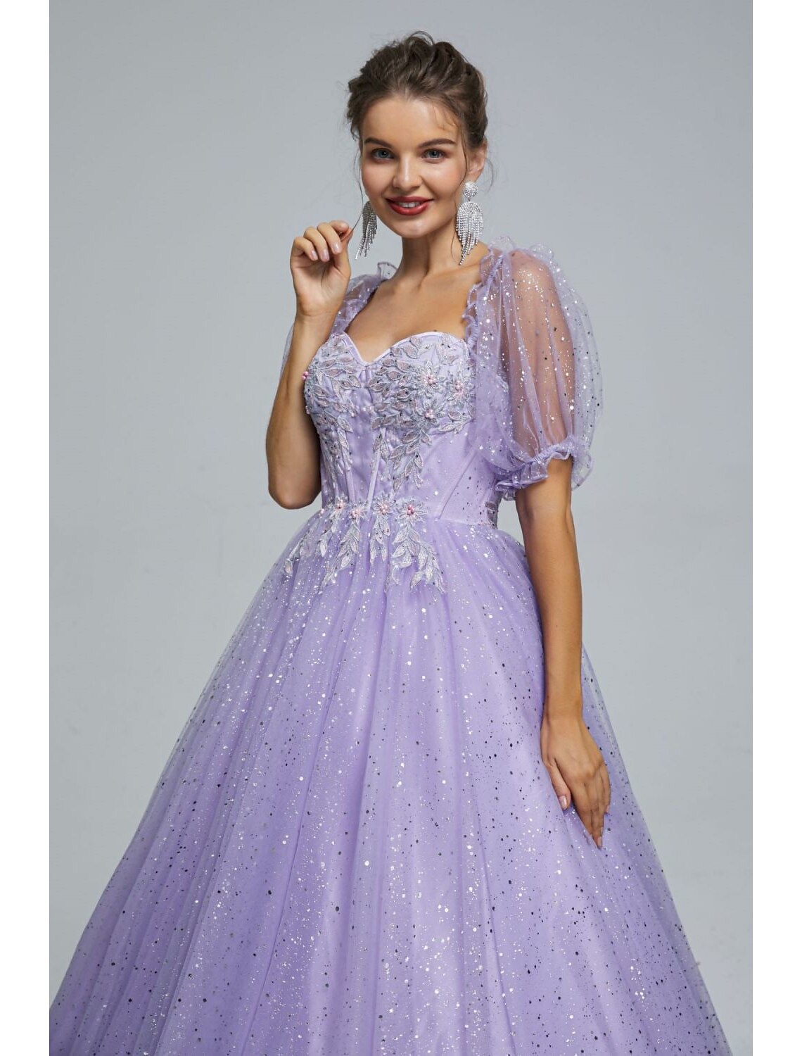 Ball Gown Prom Dresses Princess Dress Graduation Quinceanera Floor Length Short Sleeve Sweetheart Tulle with Sequin Appliques