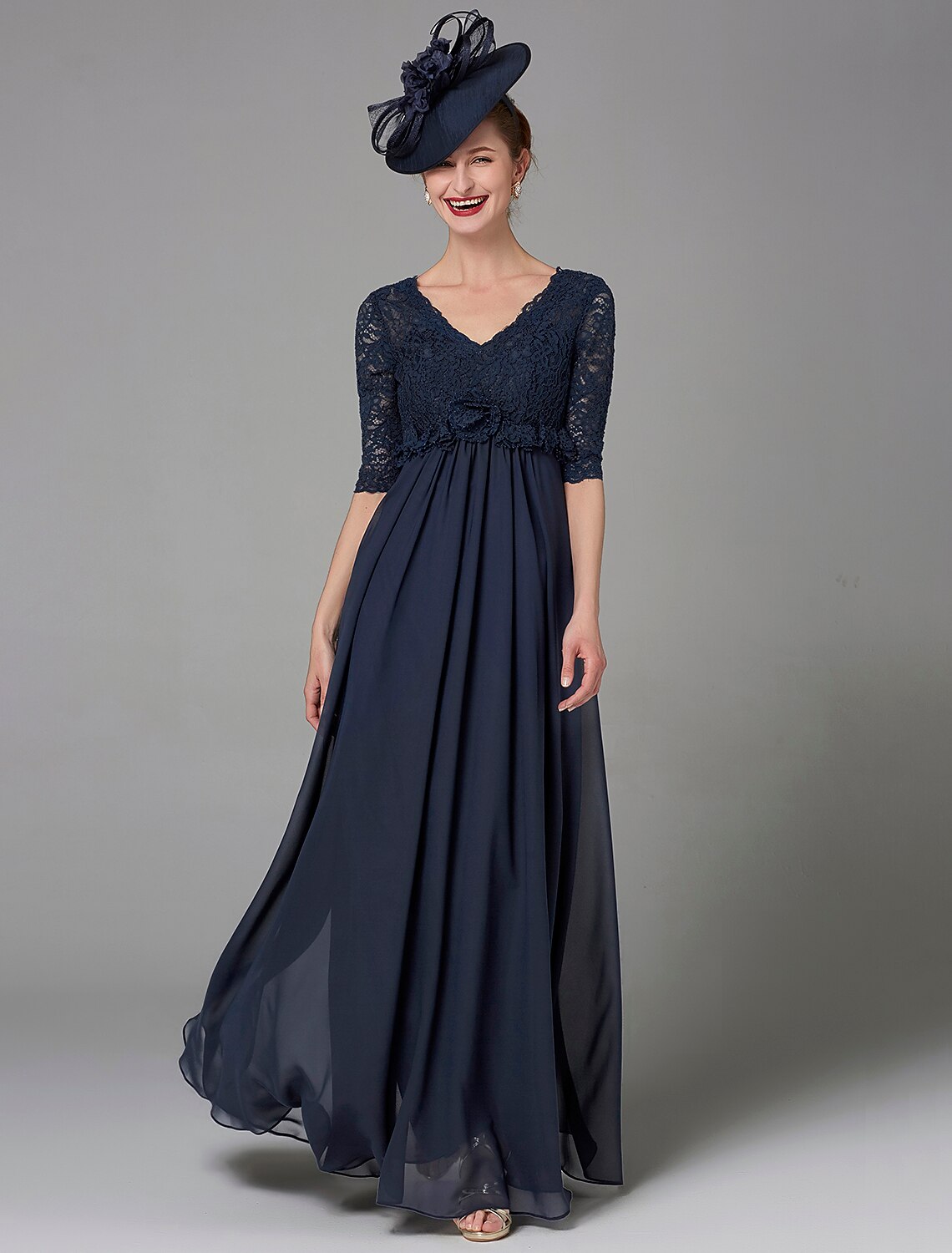 A-Line Mother of the Bride Dress Elegant & Luxurious V Neck Floor Length Chiffon Lace Half Sleeve with Lace Bow(s)