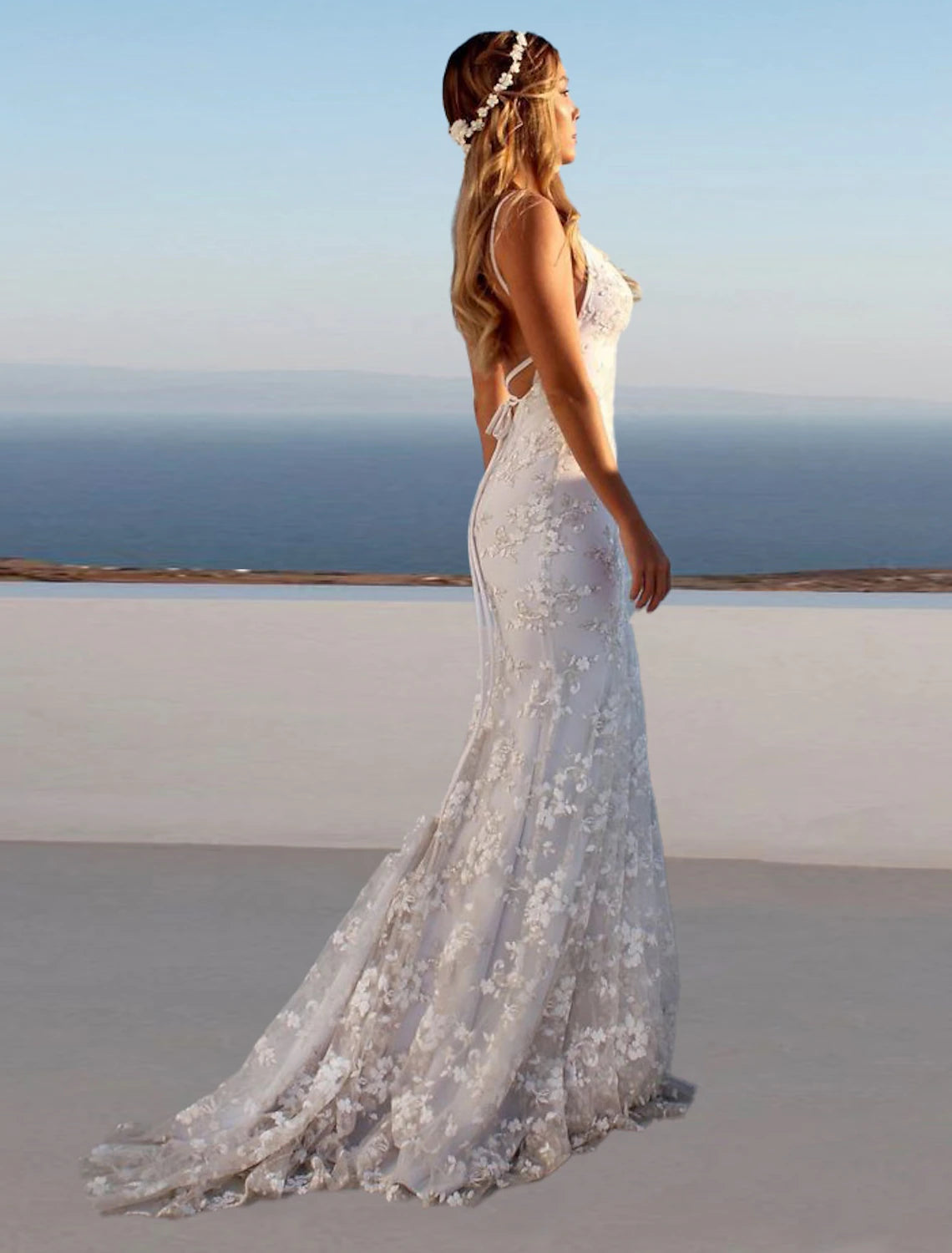 Beach Open Back Boho Wedding Dresses Mermaid / Trumpet Sweetheart Camisole Spaghetti Strap Sweep / Brush Train Lace Bridal Gowns With Appliques