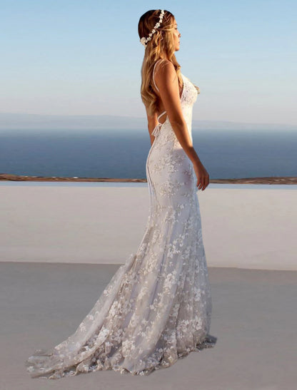 Beach Open Back Boho Wedding Dresses Mermaid / Trumpet Sweetheart Camisole Spaghetti Strap Sweep / Brush Train Lace Bridal Gowns With Appliques