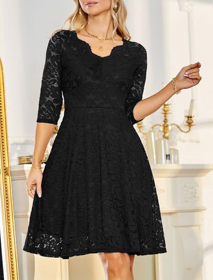 A-Line Cocktail Dresses Elegant Dress Party Wear Cocktail Party Knee Length Half Sleeve V Neck Fall Wedding Guest Lace with Pleats